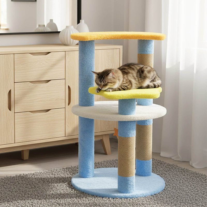 29” Cute Modern Cat Tree with Star & Moon Shaped Platforms, Jute Scratching Posts Blue, Blue/Yellow/Orange