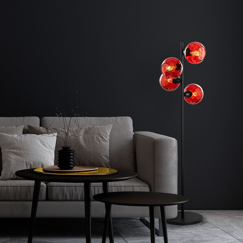 Lampe sur pied moderne avec corps en métal, noir, 14,2 x 14,2 x 53,1 pouces | Bouchon en verre, 4 x douilles E27 (40 W maximum), éclairage domestique élégant | Certifié IP20, idéal pour le salon, la chambre à coucher et le bureau