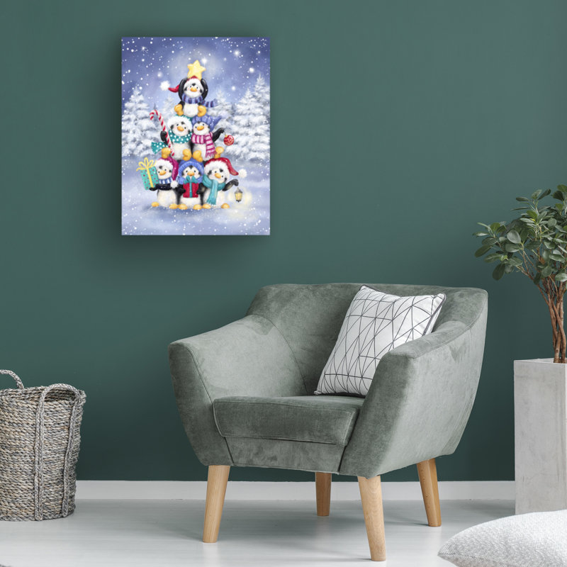 Art sur toile, arbre de Noël bolognaise, pingouins, H 14 po x l 19 po