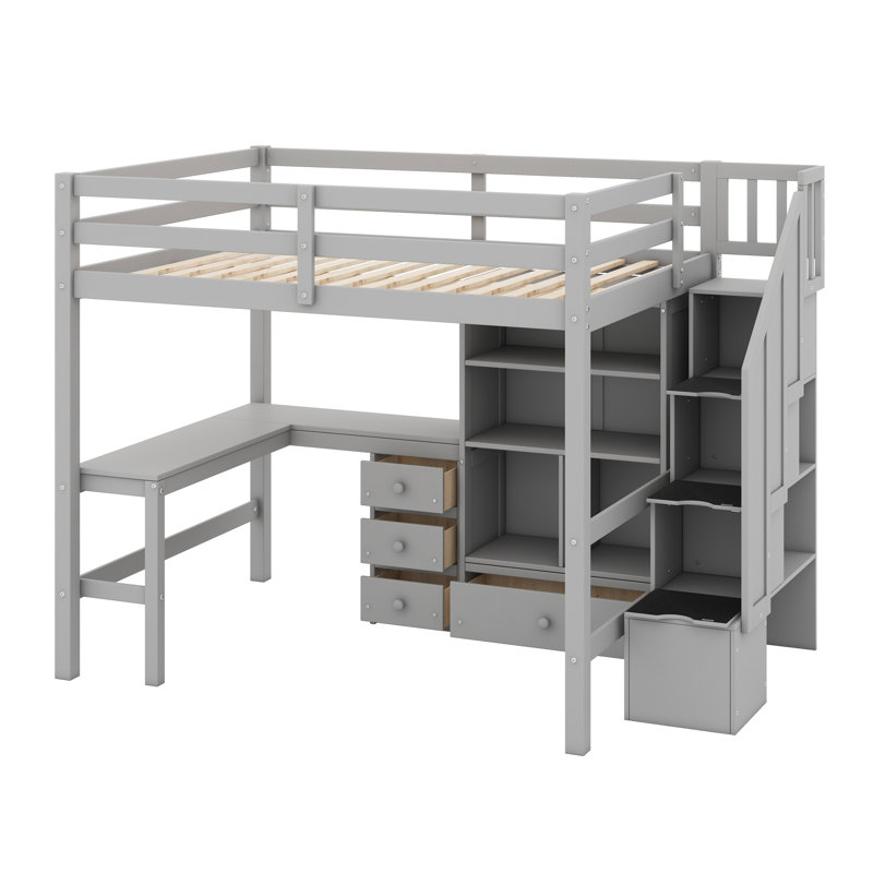 Lit mezzanine avec bureau en L et tiroirs, armoire et escalier de rangement, Gris