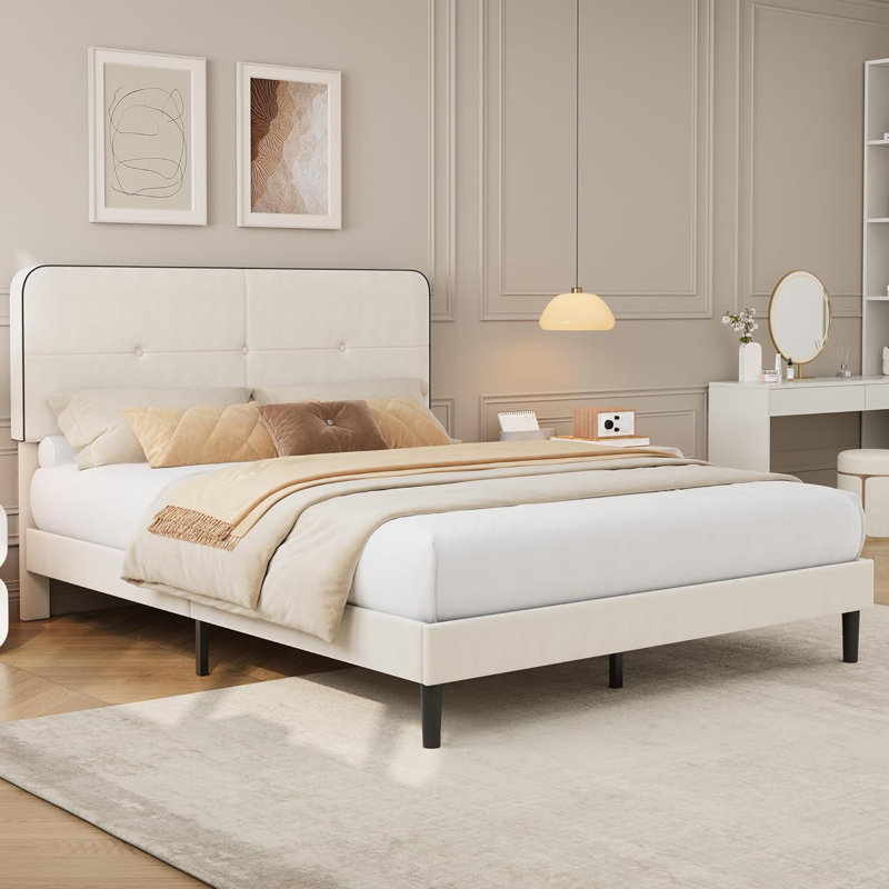 Lit plateforme tapissier en velours, cadre de lit avec tête de lit réglable, lattes de bois, support en métal, Beige