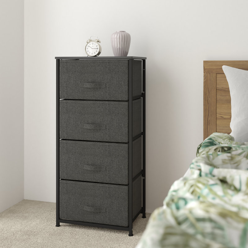 Commode de rangement verticale à 4 tiroirs avec plateau en bois et tiroirs en tissu Colne, Noir / gris foncé