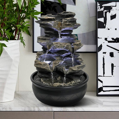 15.7in 4-Tier Cascading Rock Falls Tabletop Water Fountain with LED Light