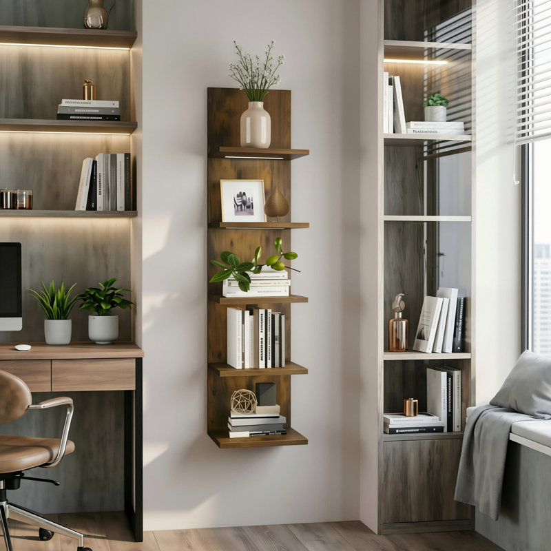 Deangelos 5 Tier Wall Shelf with Light, Brown