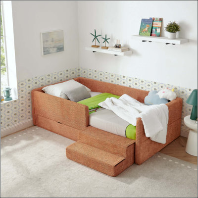 Safe Cozy Multi-Functional Kids Bed With Guardrails And Storage, Bed With Safety Step Stool, Boucle Fabric