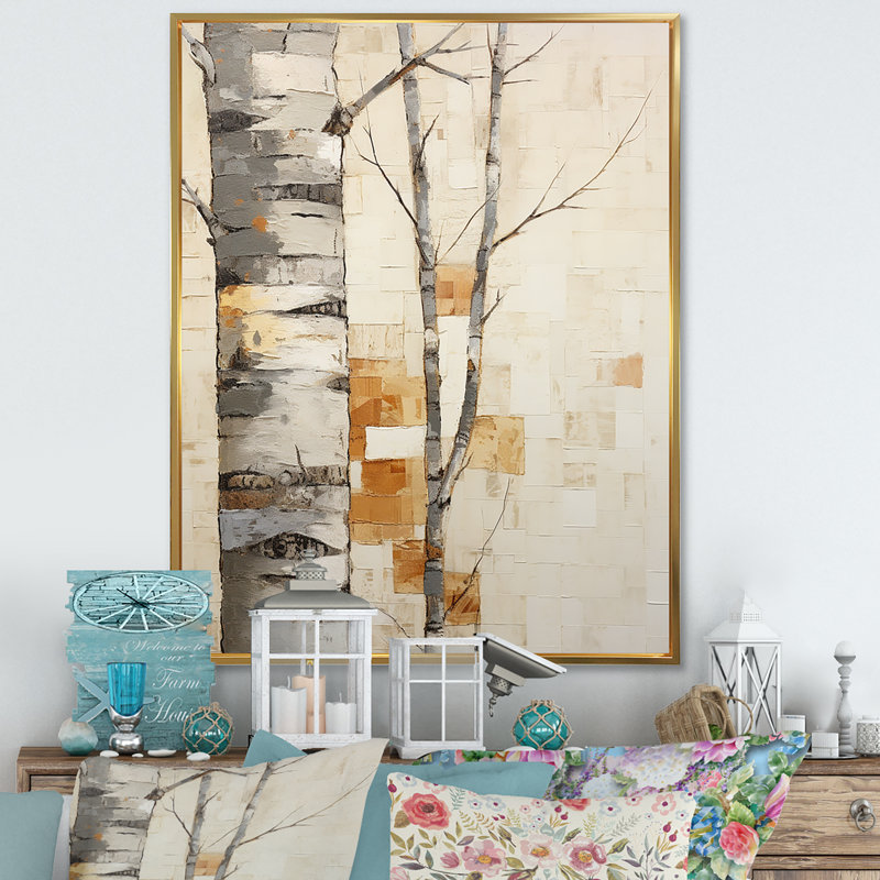 Arbre de minimalisme bouleau I sur toile, H 44 po x l 34 po x P 1,5 po, Cadre flottant doré