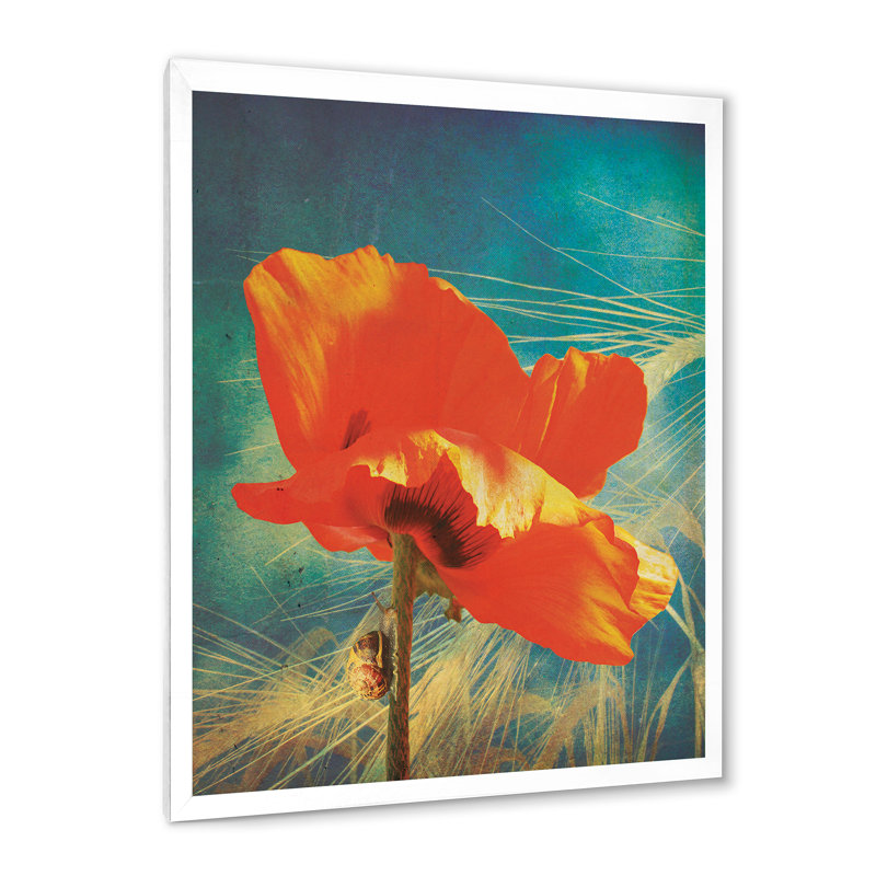 Coquelicot rétro - peinture sur toile, Cadre photo blanc, H 32 po x l 24 po x P 1 po
