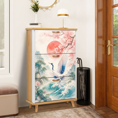 Shoe Storage Cabinet with 3 Flip Drawers Cranes Serene Landscape Cherry Blossoms Setting Sun Slim Standing Shoe Rack Organizer Narrow Hidden Wooden Cupboard for Entryway Hallway Foyer Closet Apartment Small Space
