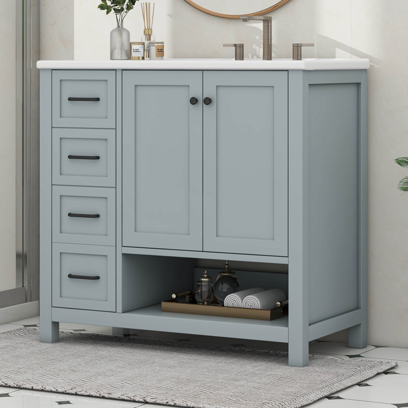 36" Bathroom Vanity With Sink Top, Two Doors And Two Drawers, Open Shelf, Gray