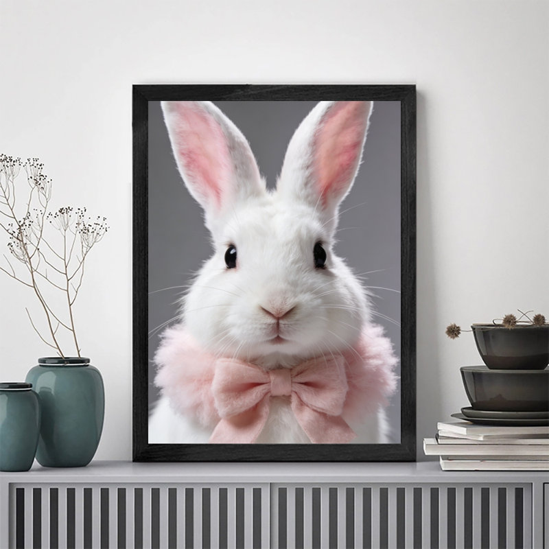 Art mural encadré sur toile élégant avec cadre en bois noir, lapin blanc, nœud papillon rose, œuvre d'art tendue dans un cadre noir, cadeau unique pour les amis et la famille