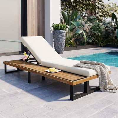 Outdoor Chaise Lounge Chair With 5-Position Adjustable Backrest, Reclining With Cushion, Patio Lounger With Wood Side Table, Sturdy Frame For Poolside, Garden, And Backyard