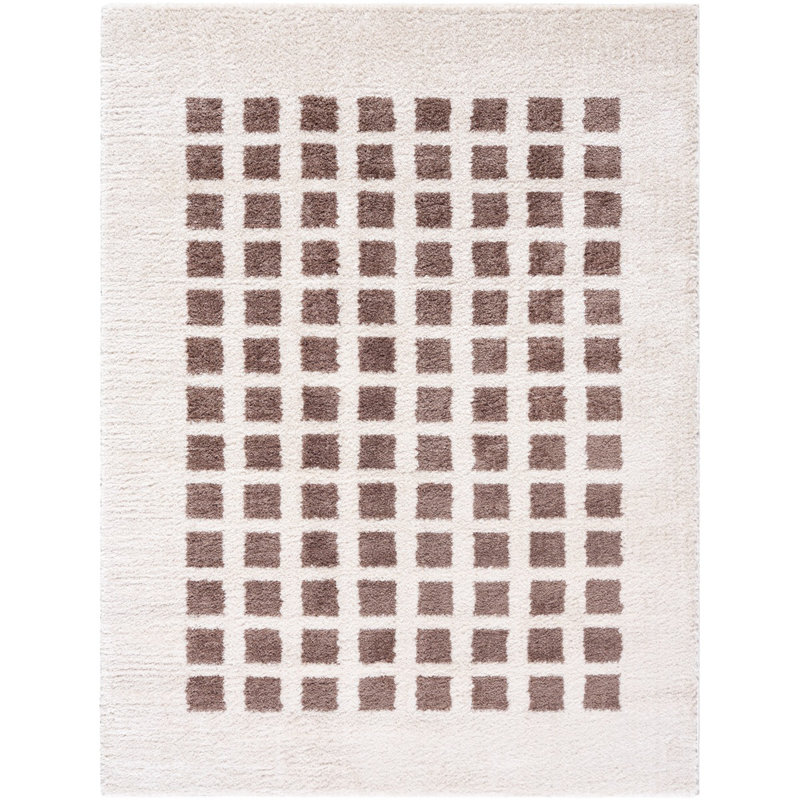 Brown Modern Shaggy Washable Rug, Chequered Anti-Slip Rug For Living Room, Dining Room, Bedroom, Kitchen