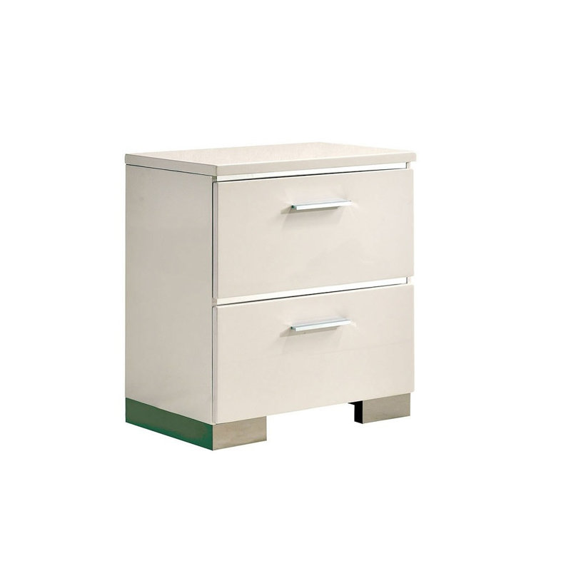 Table de chevet moderne blanche à haute brillance avec chargeur USB - Table de chevet contemporaine avec tiroir de rangement, fabrication en bois massif, poignées et pieds chromés pour la chambre à coucher