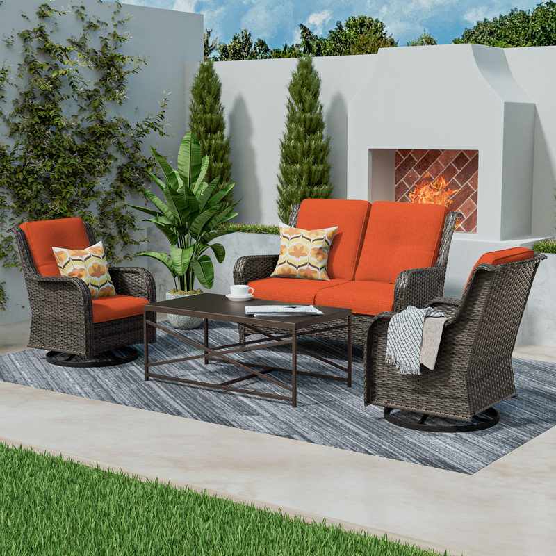 4-Pieces Wicker Outdoor Patio Furniture Set Rattan Chair Wicker Set with Orange Cushion, Orange