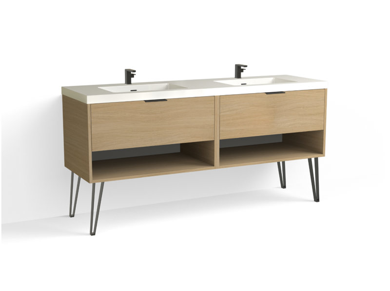 Modo 72" W Freestanding Double Bathroom Vanity with Dawson Leg, Glossy White/Single, Nocino, Satin Nickel