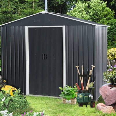 Remise de rangement extérieure noire en métal 8 pi x 6 pi, construction en acier galvanisé, évents perforés, portes coulissantes avec cadenas, remise en fer facile à assembler, porte et caractéristique