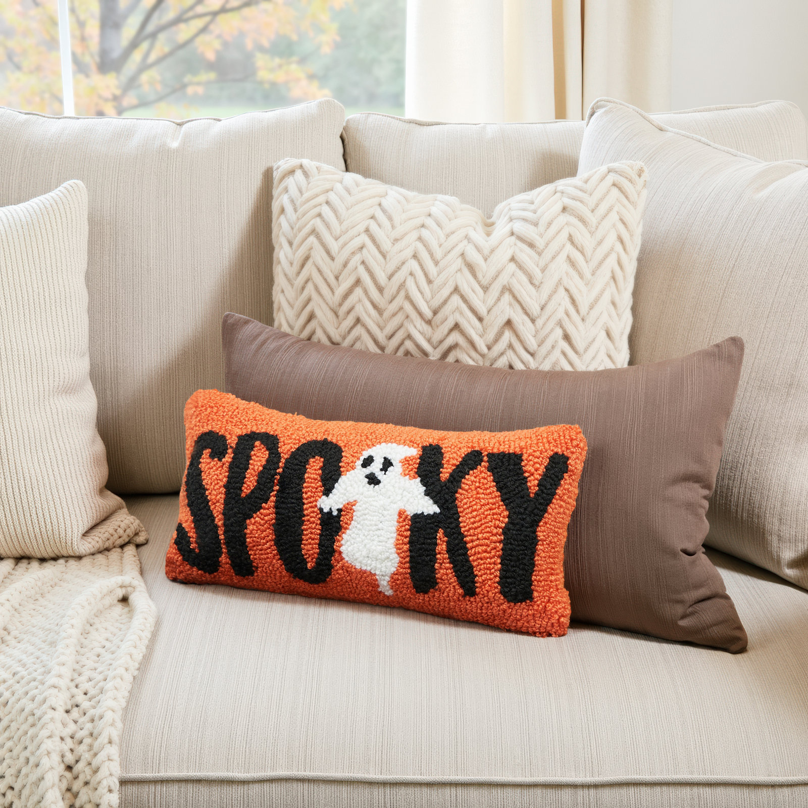 Spooky Ghost Halloween Small Hooked Throw Pillow