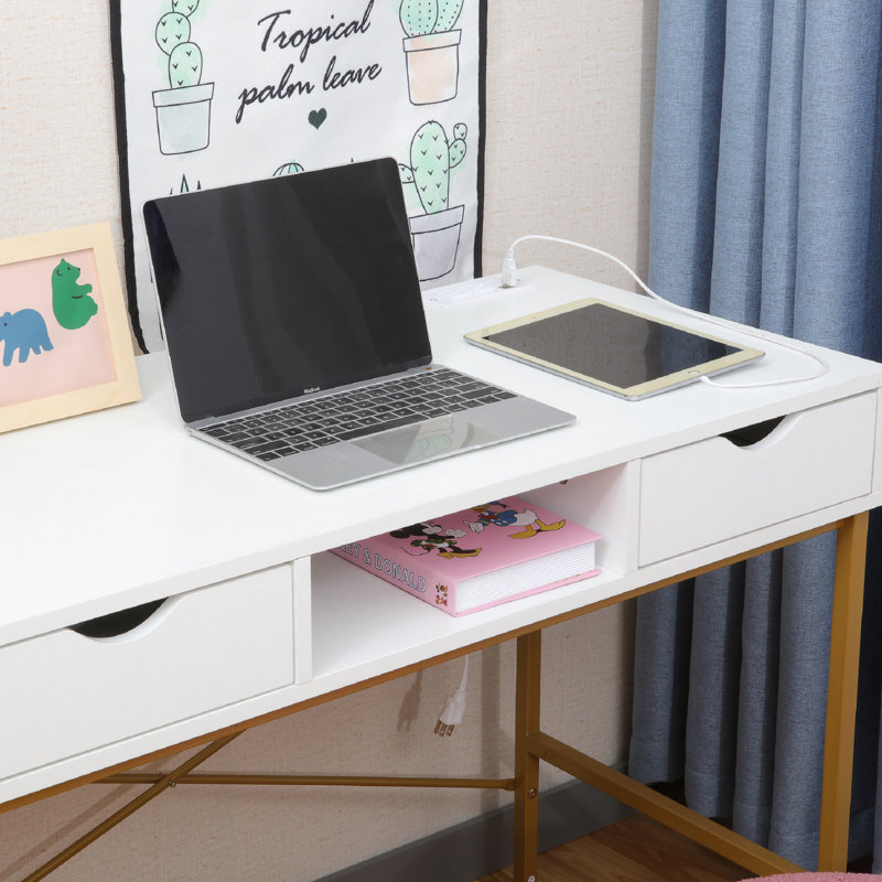 White and Gold Rectangular Desk with Drawer and USB Ports