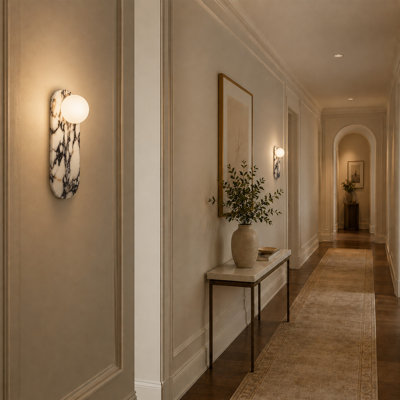 Modern Natural Stone Flush Mount Wall Sconce, 13.8" Oval with LED Bulb Included