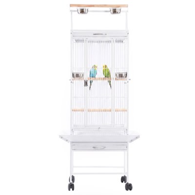 Cage à oiseaux roulante en métal de 156 cm de hauteur avec plateau de jeu et support - Volière intérieure / extérieure pour perruches, perroquets, cacahuètes et conures - comprend des perchoirs, 2 bols en acier inoxydable et un plateau amovible