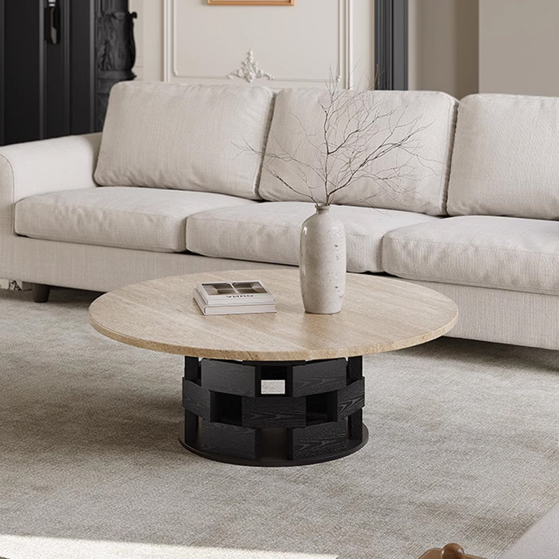 Table basse en travertin de style Wabi-sabi, H 13,77 po x L 31,49 po x l 31,49 po, Noir