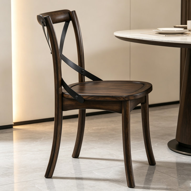 Chaise de salle à manger vintage en bois massif brun avec dossier en croix métallique en forme de X