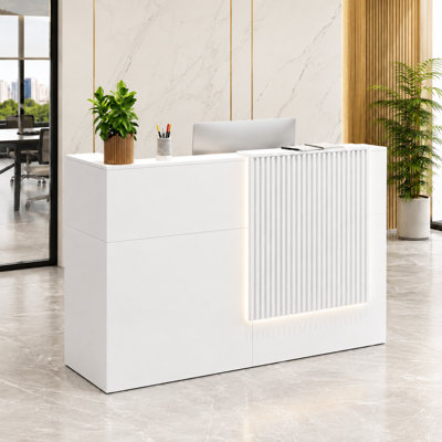 63'' W Modern White Reception Desk with LED Lighting, Power Strip, Lockable Drawer and Storage