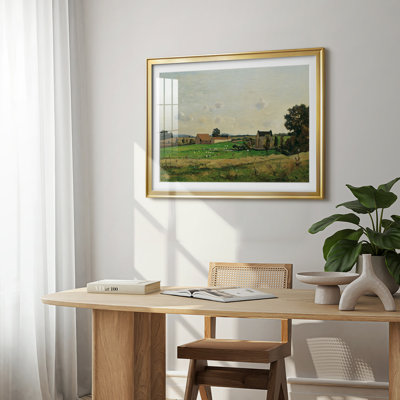 Paysage avec un village et une église-Henri Harpignies-Reproduction encadrée avec passe-partout et verre-1889