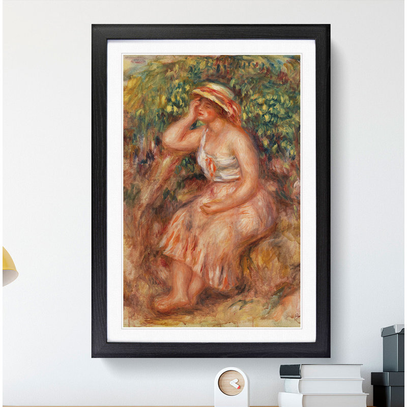 Woman Daydreaming by Pierre-Auguste Renoir - Picture Frame Painting, 65cm H x 48cm W x 2cm D, Black