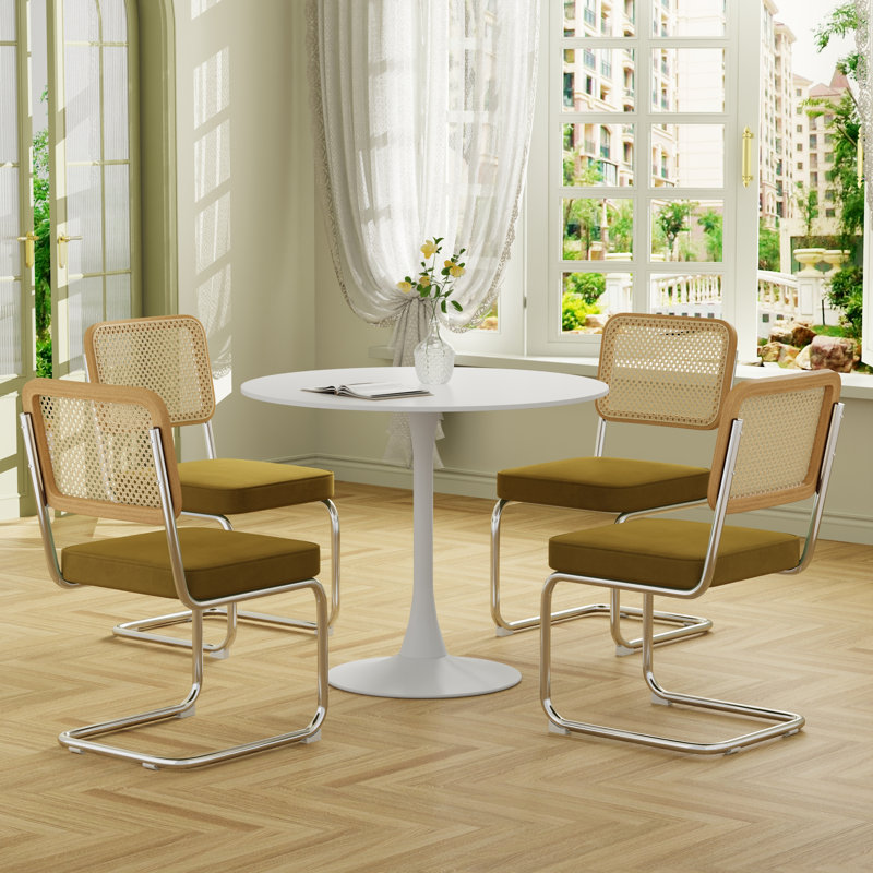 Ensemble de table de salle à manger à piédestal 5 pièces, H 28,7 po x L 31,5 po x l 31,5 po, Blanc, Jaune / argenté