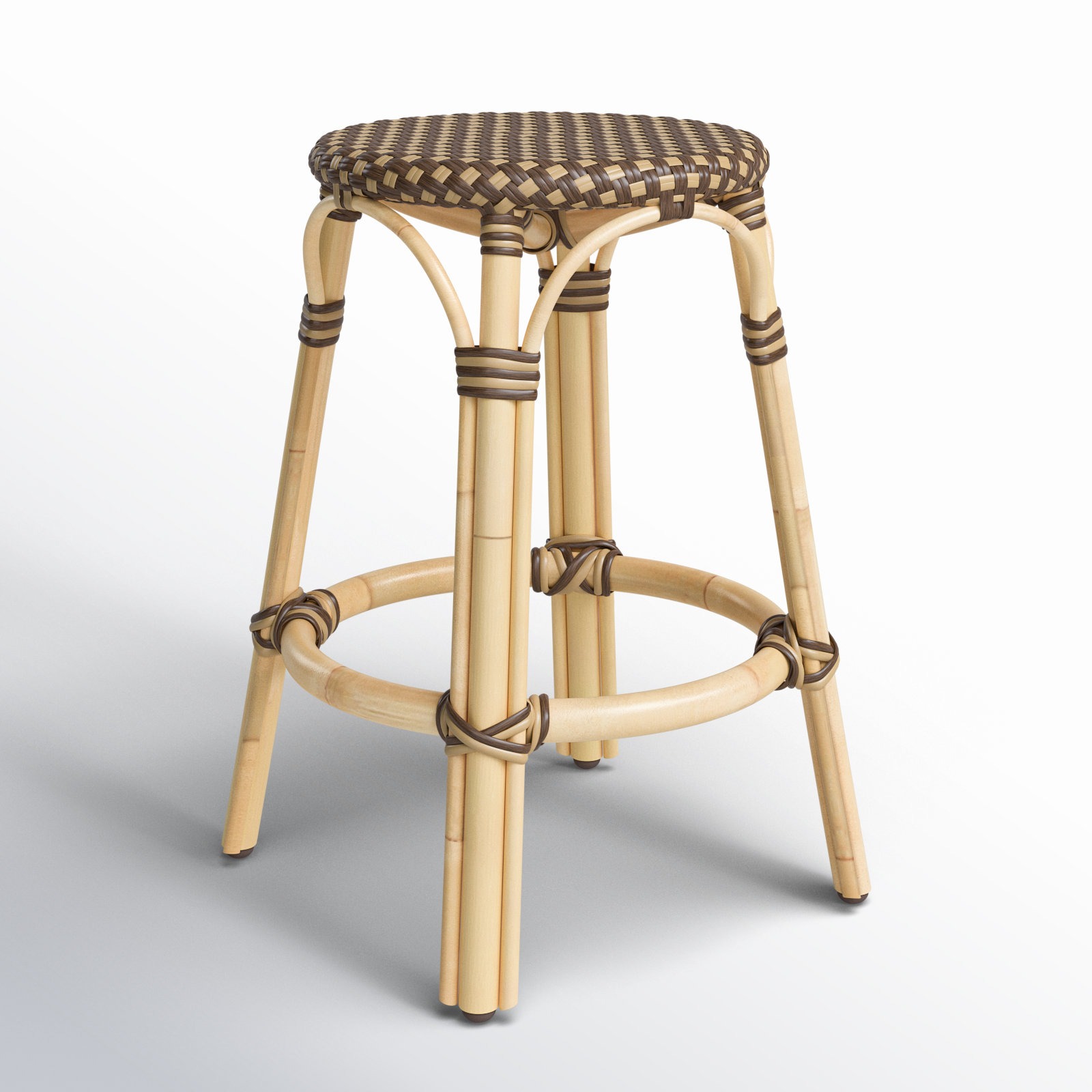 Alastair Bar & Counter Stool, Counter Stool (24" Seat Height), Brown/Tan Dot/Natural Rattan Frame