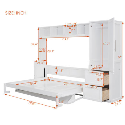 Ajae Murphy Bed with Storage Bookcase, Drawers and Wardrobe