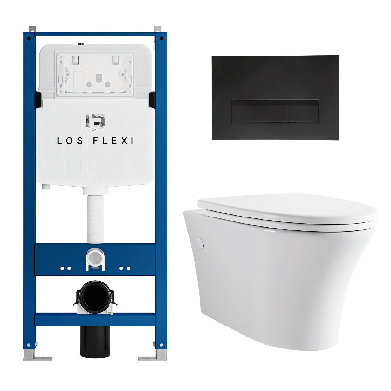Toilette allongée à fixation murale avec support de réservoir dissimulé Los Flexi, plaque à double chasse 0,8 / 1,6GPF