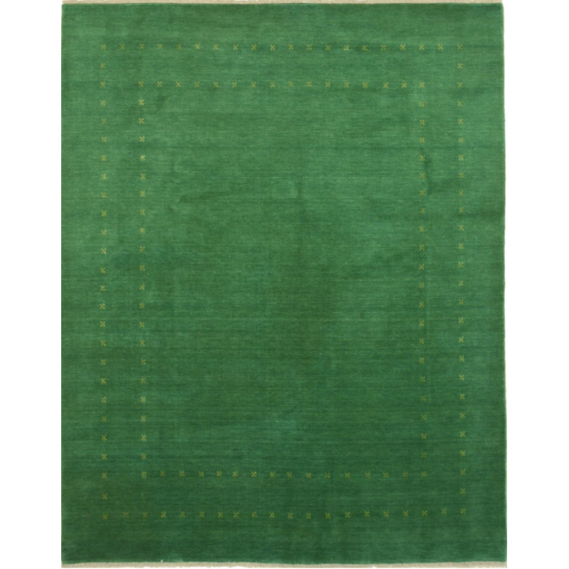 Green Hand-Knotted Wool Framed Field Geometric Modern Contemporary Carpet Rug