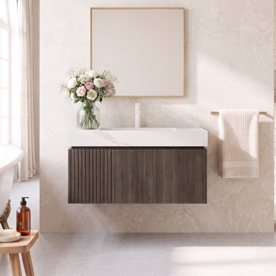 Meuble-lavabo mural 36 po en contreplaqué espresso avec fermeture en douceur, tiroir en U coulissant, porte, lavabo en céramique de Carrare blanc, sans robinet, un trou, pré-assemblé