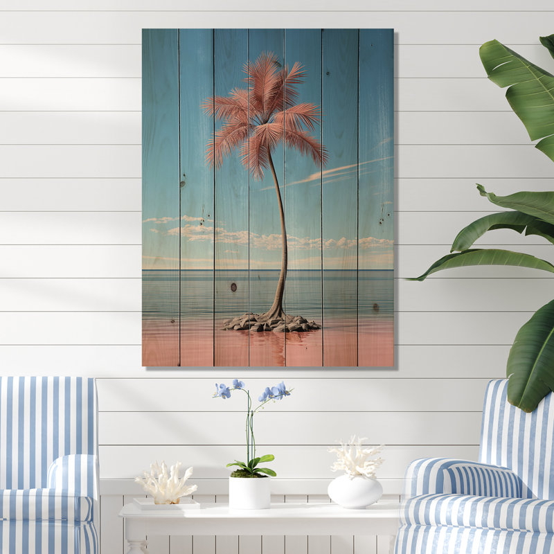 Brise de mer bleue et rose Plam Tree I - art mural en bois côtier sur bois de pin naturel, H 40 po x l 30 po