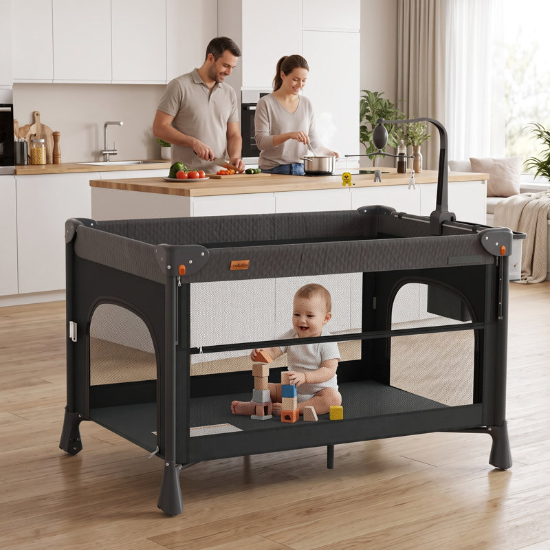 Foldable Baby Bassinet Playard With Changing Table, Nursery Center With Toy Mobile And Storage, Gray