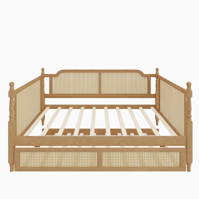 Traditional Style Rattan Daybed with 2 Drawers, Twin, Walnut 2