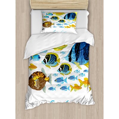 Ocean Animal Vivid Underwater Life with Freshwater Tropical Fish Creatures Sea Artwork Duvet Cover Set -  Ambesonne, nev_21272_twin