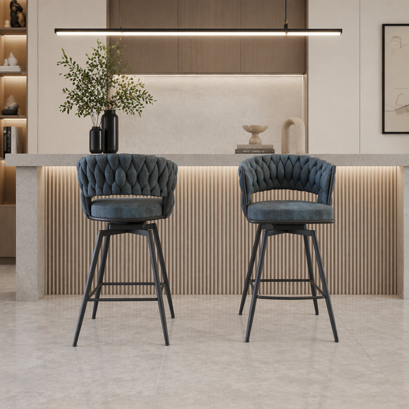 Ensemble de 2 tabourets de bar pivotants en suède de 26 pouces avec pieds noirs et repose-pieds pour îlots de cuisine et barres (bleu)
