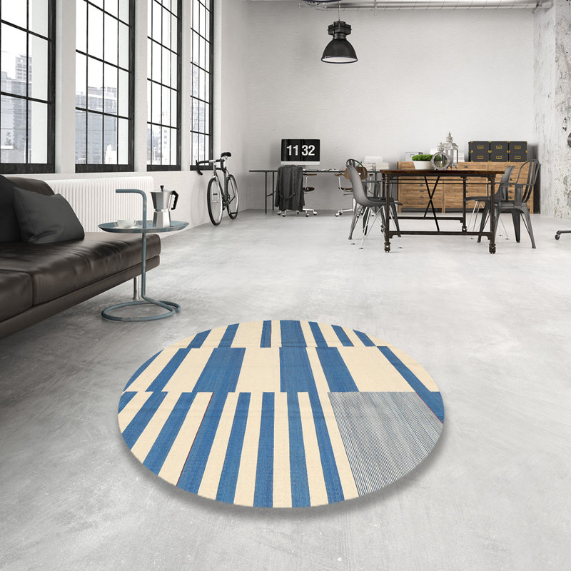 Tapis abstrait bleu / beige, Rond 8 pi