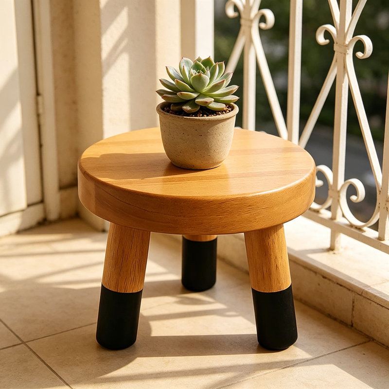Support pour plante en bois d'hévéa massif et tabouret d'appoint avec pieds noirs trempés, plateau rond robuste pour la décoration intérieure, table d'appoint et présentoirs étagés