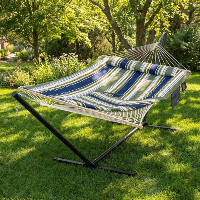Double hamac extérieur avec support, hamac en corde de coton pour 2 personnes avec coussin et grand coussin, bleu et gris