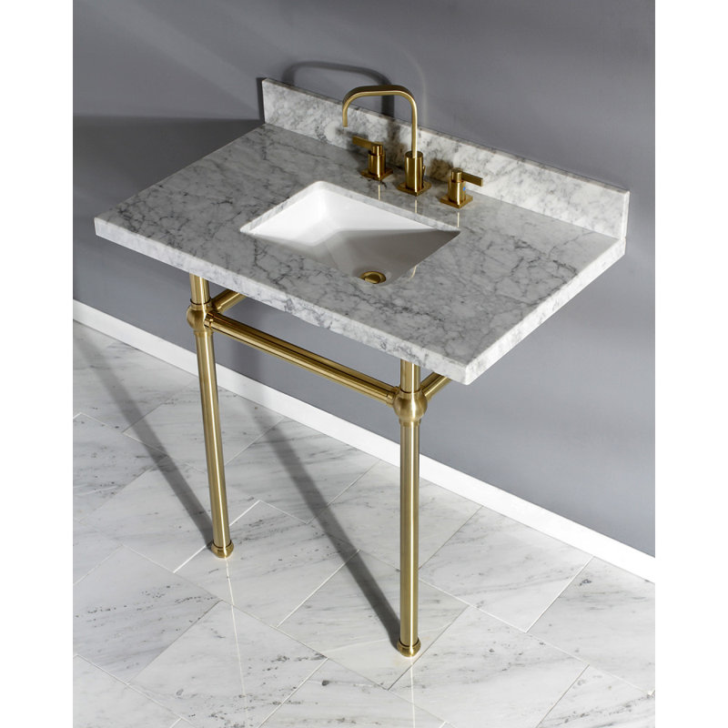 Kingston Brass Templeton 36-Inch Carrara Marble Vanity Top with Brass Legs (8-Inch, 3-Hole), Satin Brass