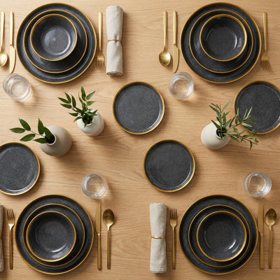 Starlight Gold Anthracite Porcelain Dinnerware Set (24-Piece Service for 6)