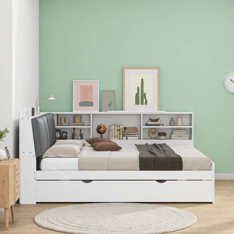 Lit plateforme blanc avec rangement gigogne, tête de lit et espace sous le lit Baxter, Blanc