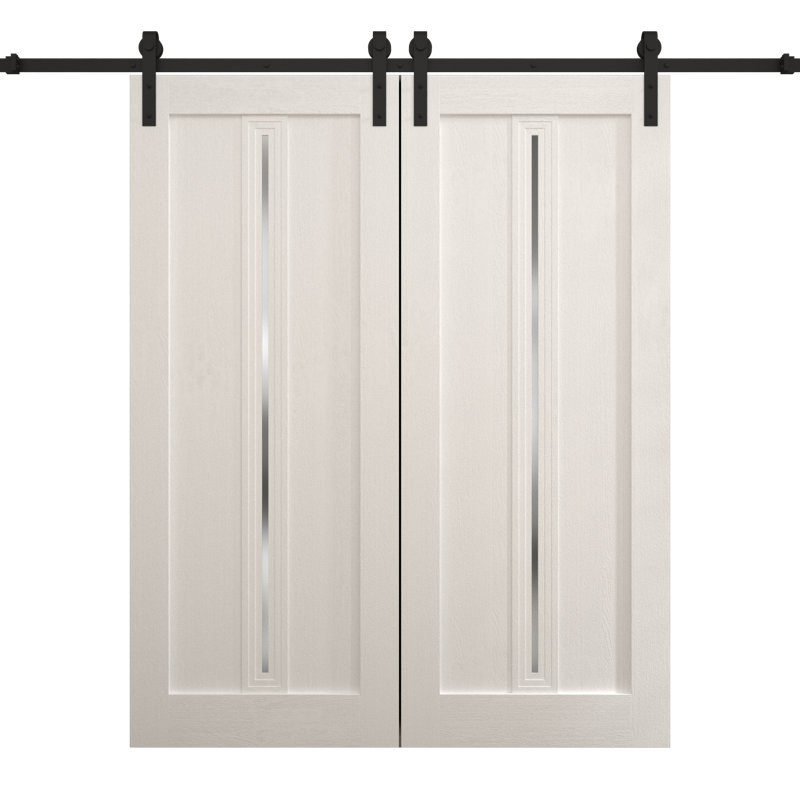 Porte de grange double moderne | Ego 5014 | Ensemble de rails | Portes intérieures solides, 48 po x 84 po, Chêne blanc peint