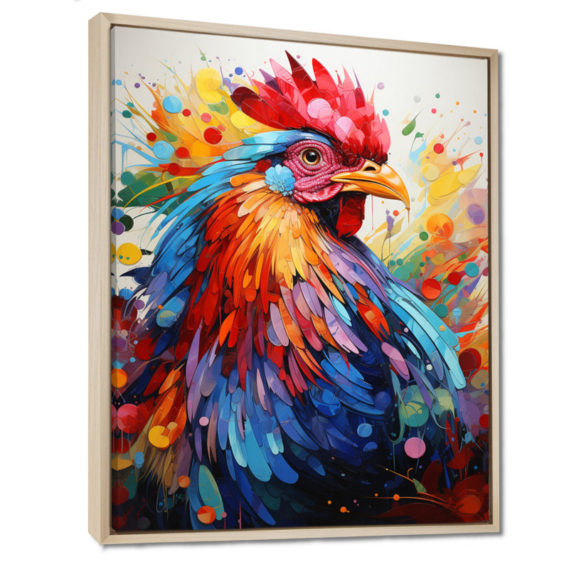 Coq coloré - décoration murale coq, H 40 po x l 30 po x P 1,5 po, Cadre flottant érable
