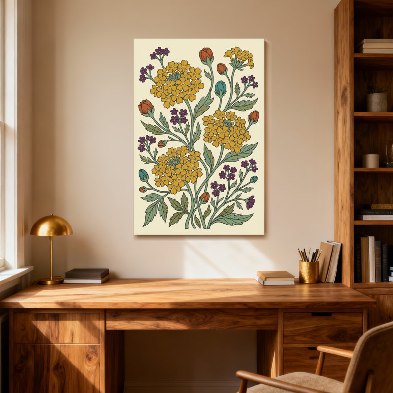 Plantes et fleurs à motif floral jaune, mauve et orange, H 30 po x l 20 po