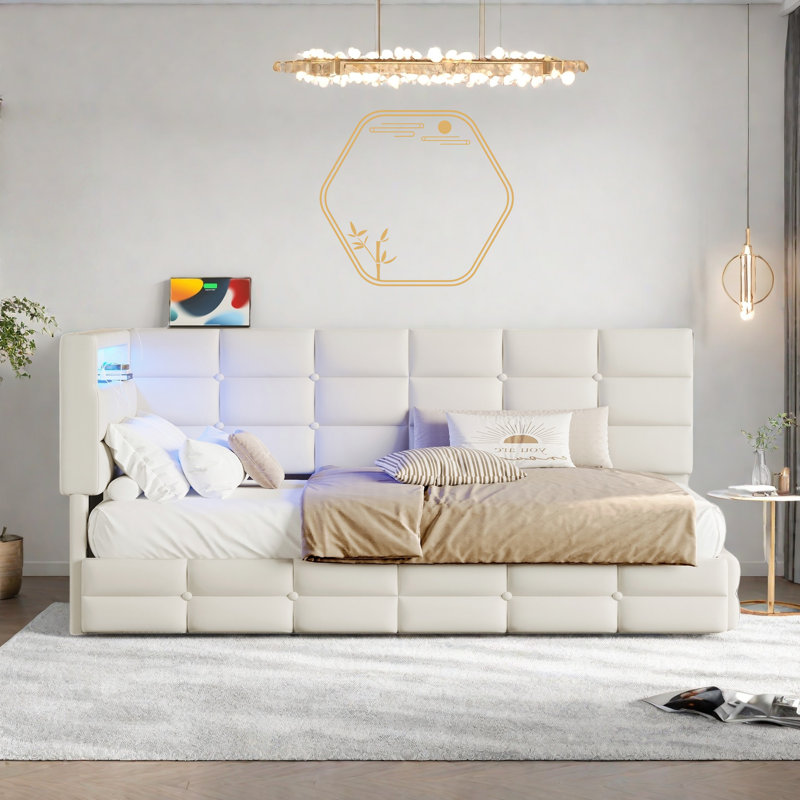 Upholstered Daybed With 2 Drawers, Charging Station, Led Lights, Storage Headboard And Checkered Button Decoration, Beige